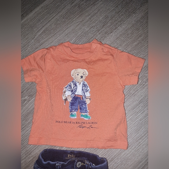 Ralph Lauren Polo Bear Orange Tee and Blue Jeans Set 6 Months - Picture 3 of 9